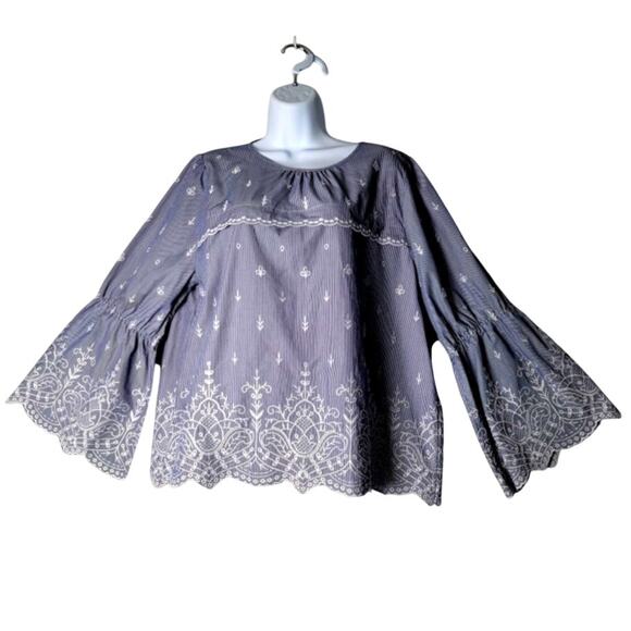 J.Crew Blue Striped Embroidered Boho Top Size XL Cotton Blend Bell Sleeve - Picture 1 of 11